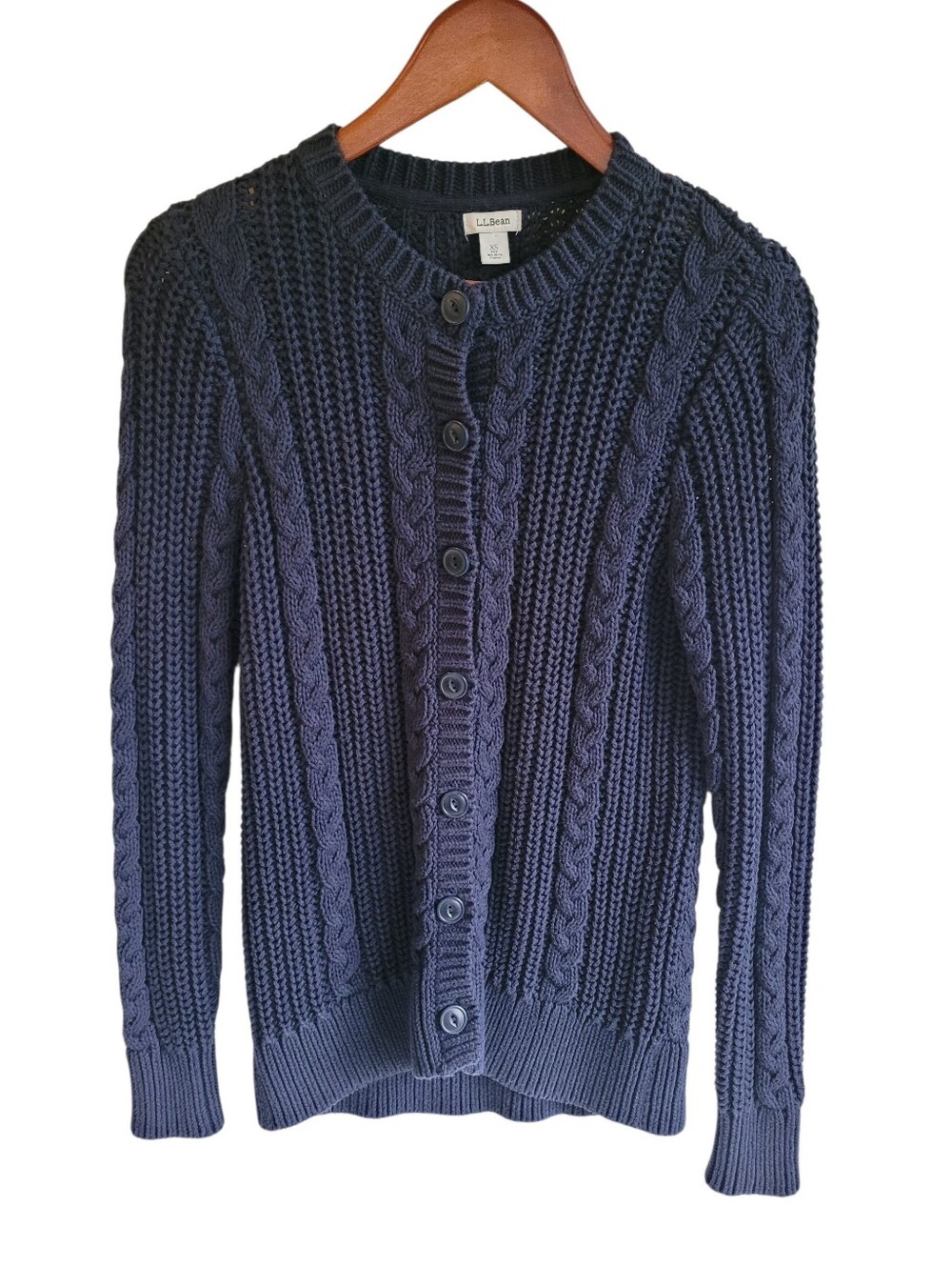 L.L. Bean 100% Cotton Women's Navy Blue Cableknit Button Up Cardigan XS